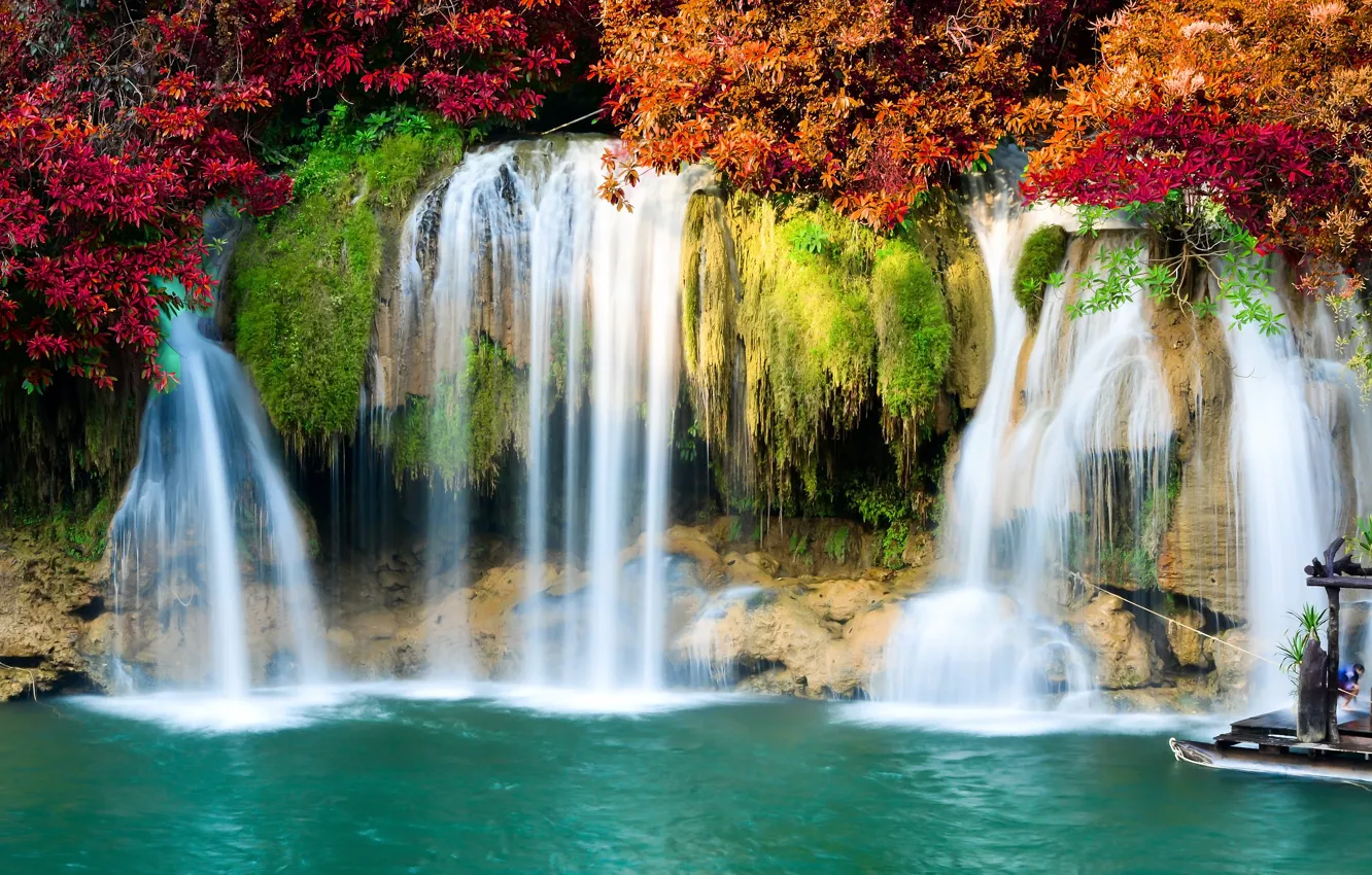 Фото обои осень, лес, листья, пейзаж, река, скалы, водопад, forest