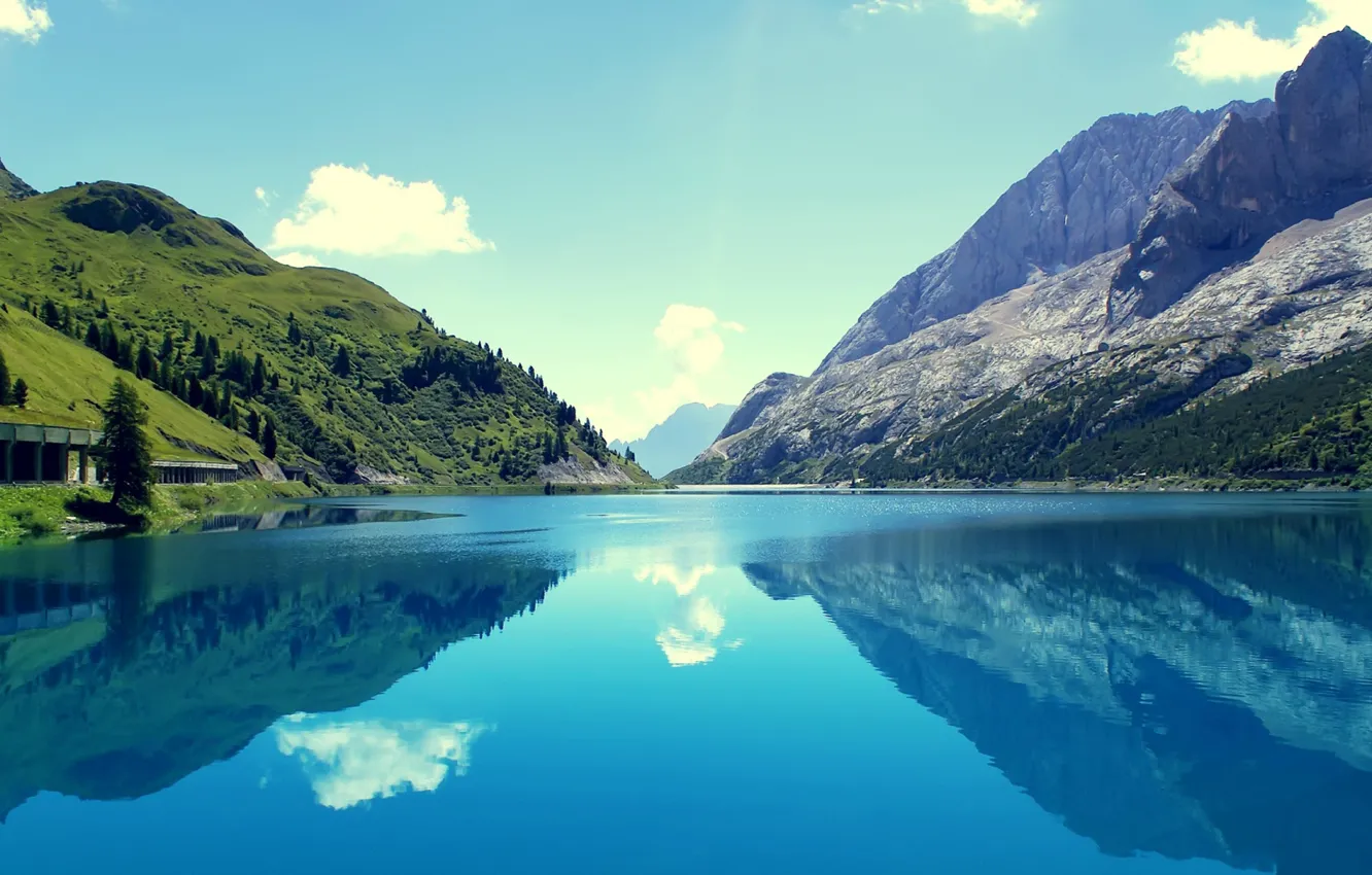 Фото обои горы, озеро, водная гладь отражение