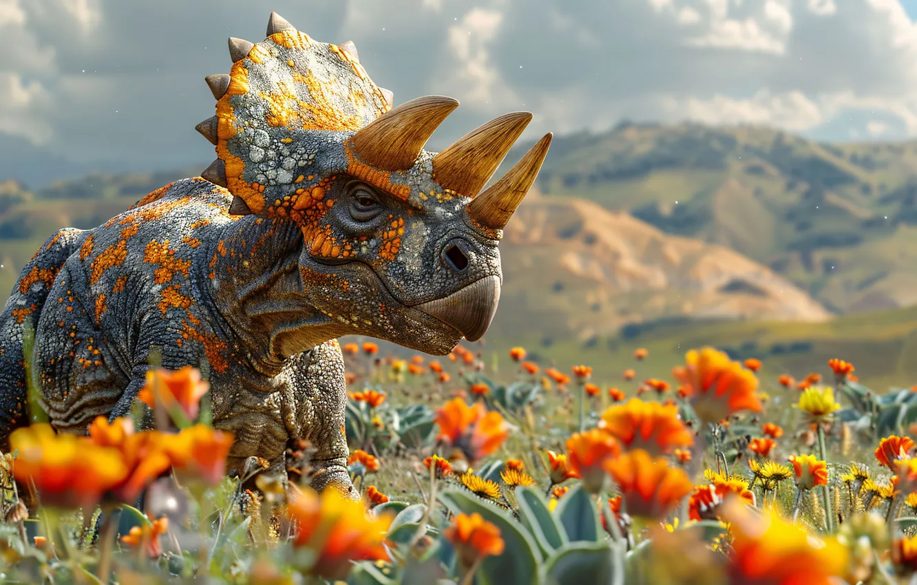 Фото обои Цветы, Холмы, Морда, Динозавр, Рога, Triceratops, Животное, Цифровое искусство