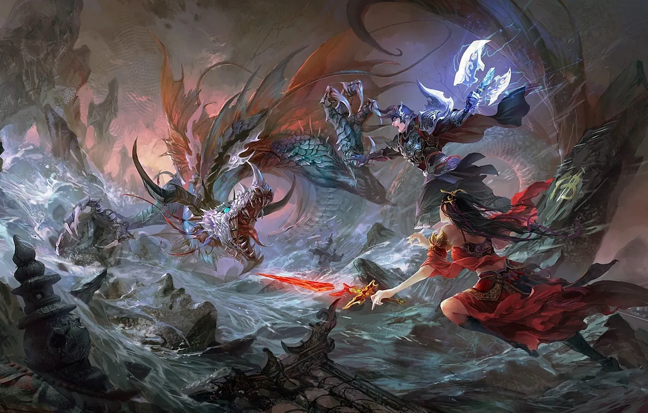 Фото обои девушка, река, скалы, дракон, меч, арт, битва, парень