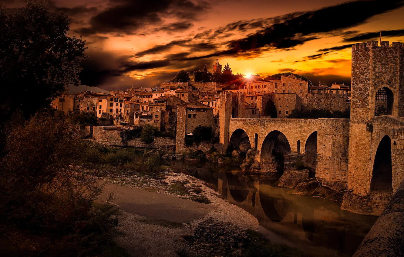 Фото обои закат, Испания, Besalú