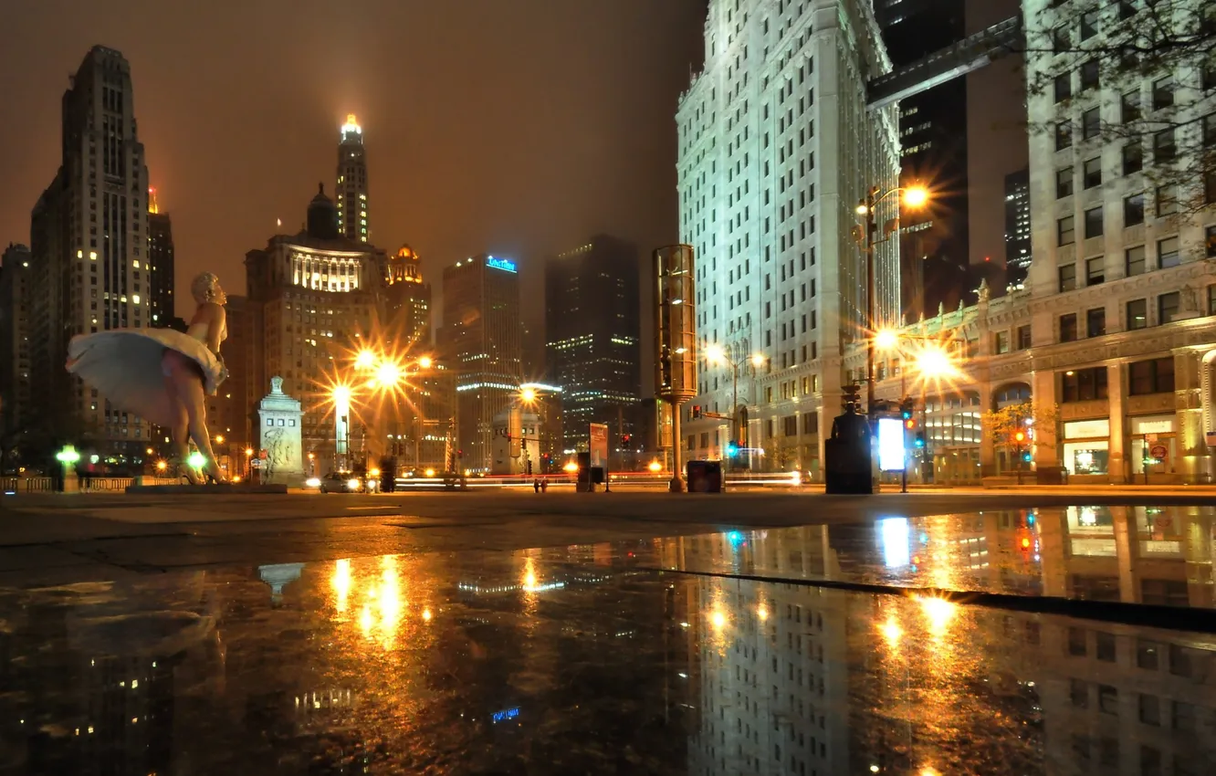 Фото обои ночь, город, огни, небоскребы, лужа, Чикаго, Иллиноис, Марлин Монро