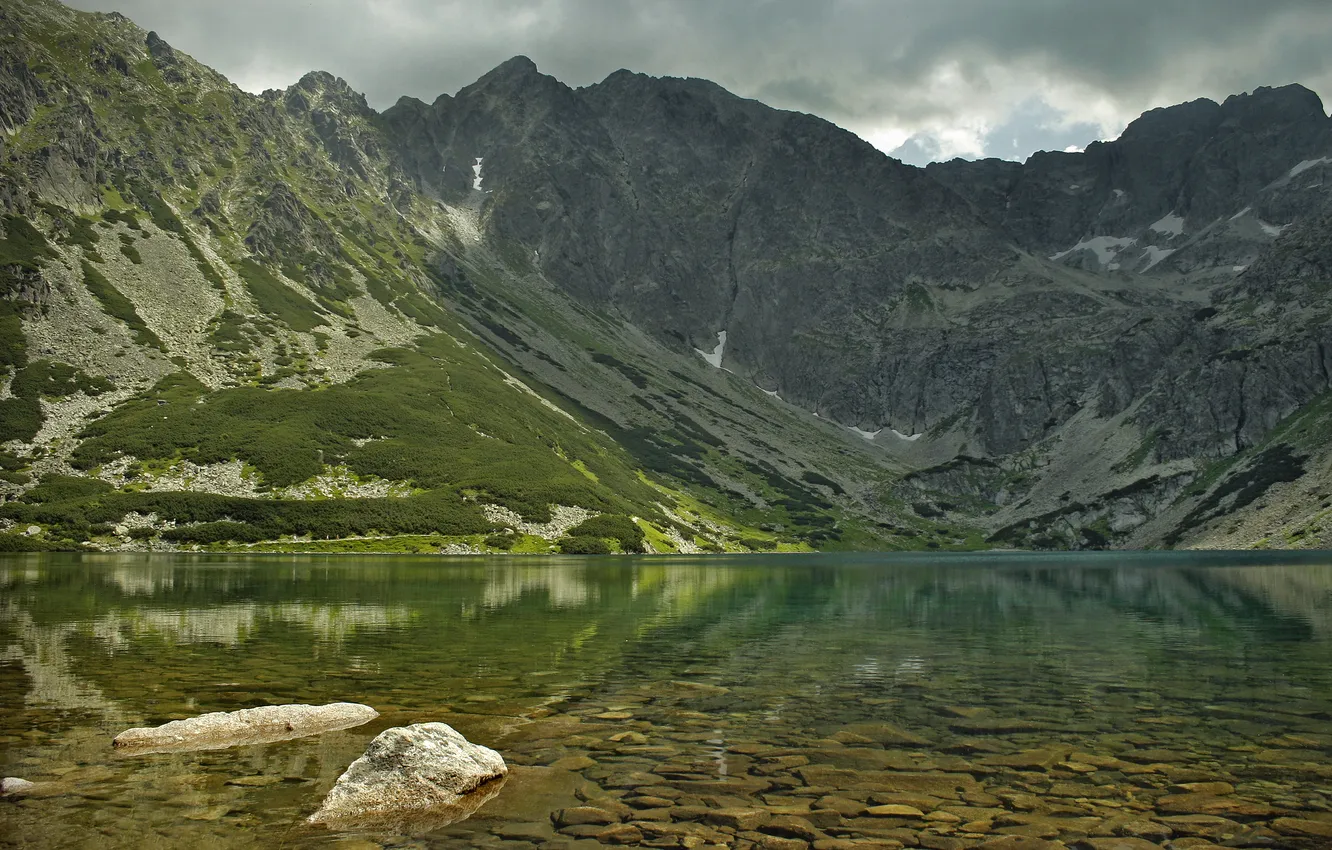 Фото обои зелень, трава, облака, снег, горы, озеро, отражение, камни