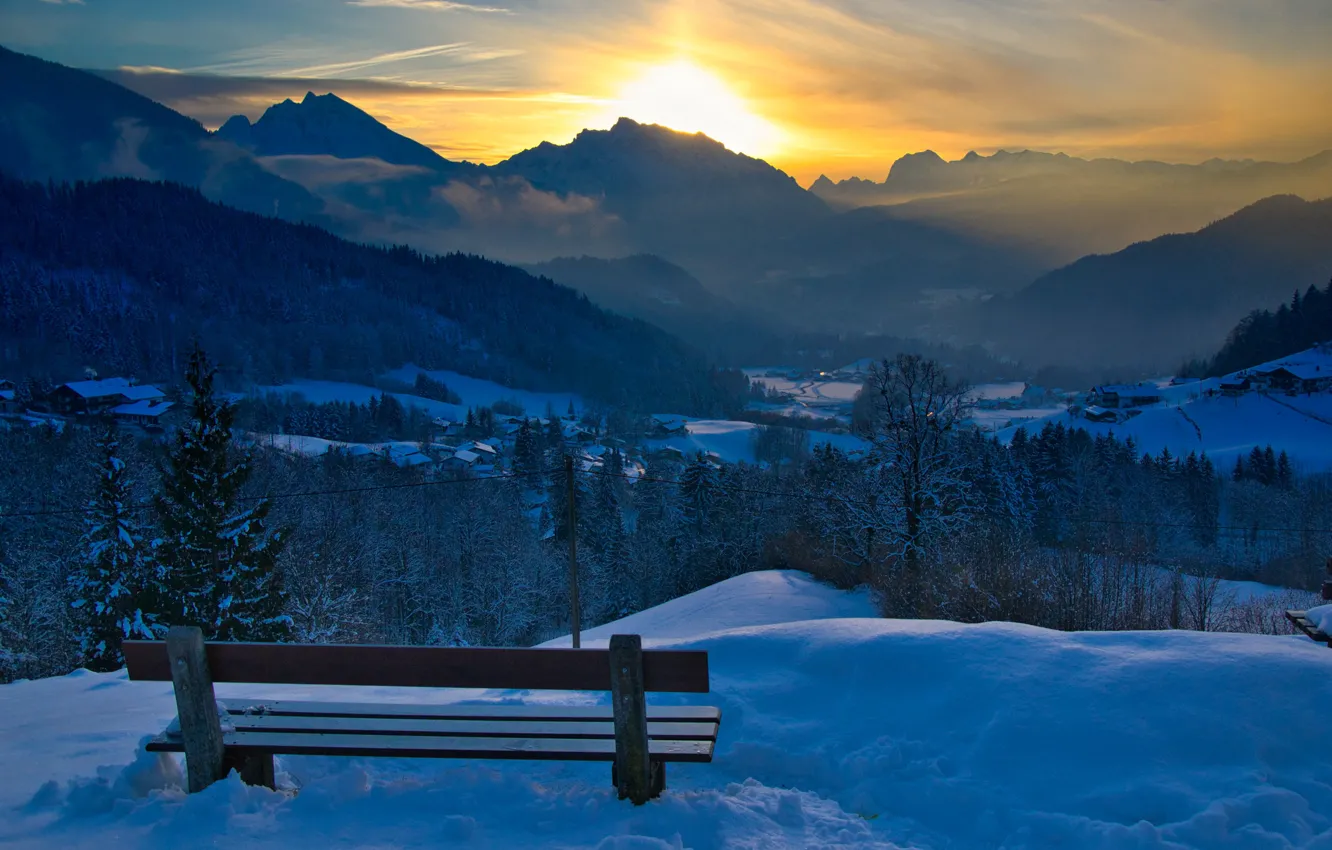 Фото обои зима, солнце, пейзаж, закат, горы, природа, Германия, Бавария