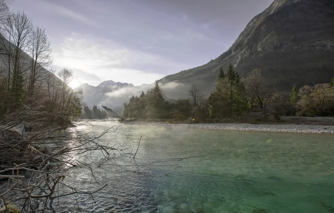 Фото обои Slovenia, Tolmin, Glory morning, Soca river