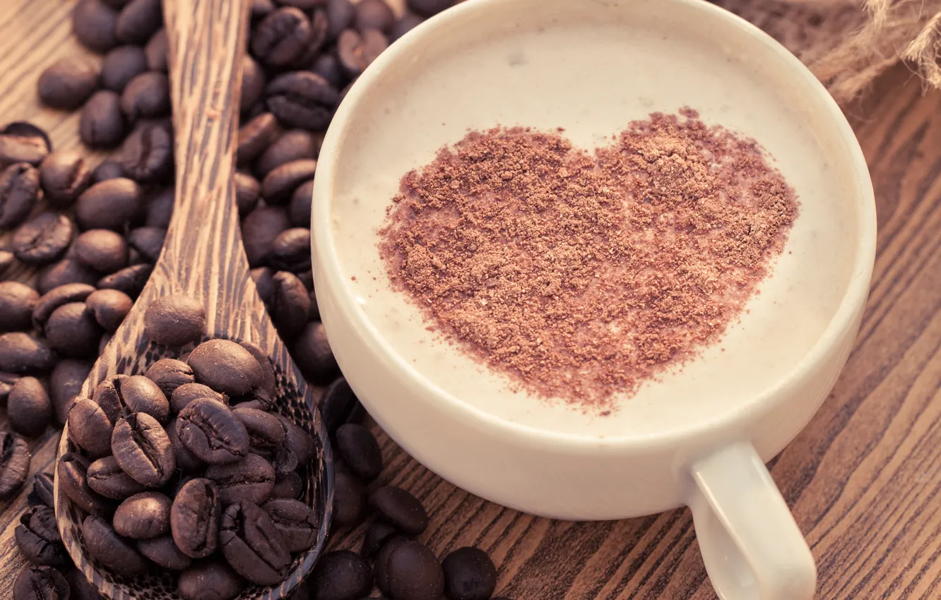 Фото обои пена, сердце, кофе, шоколад, ложка, сердечко, капучино