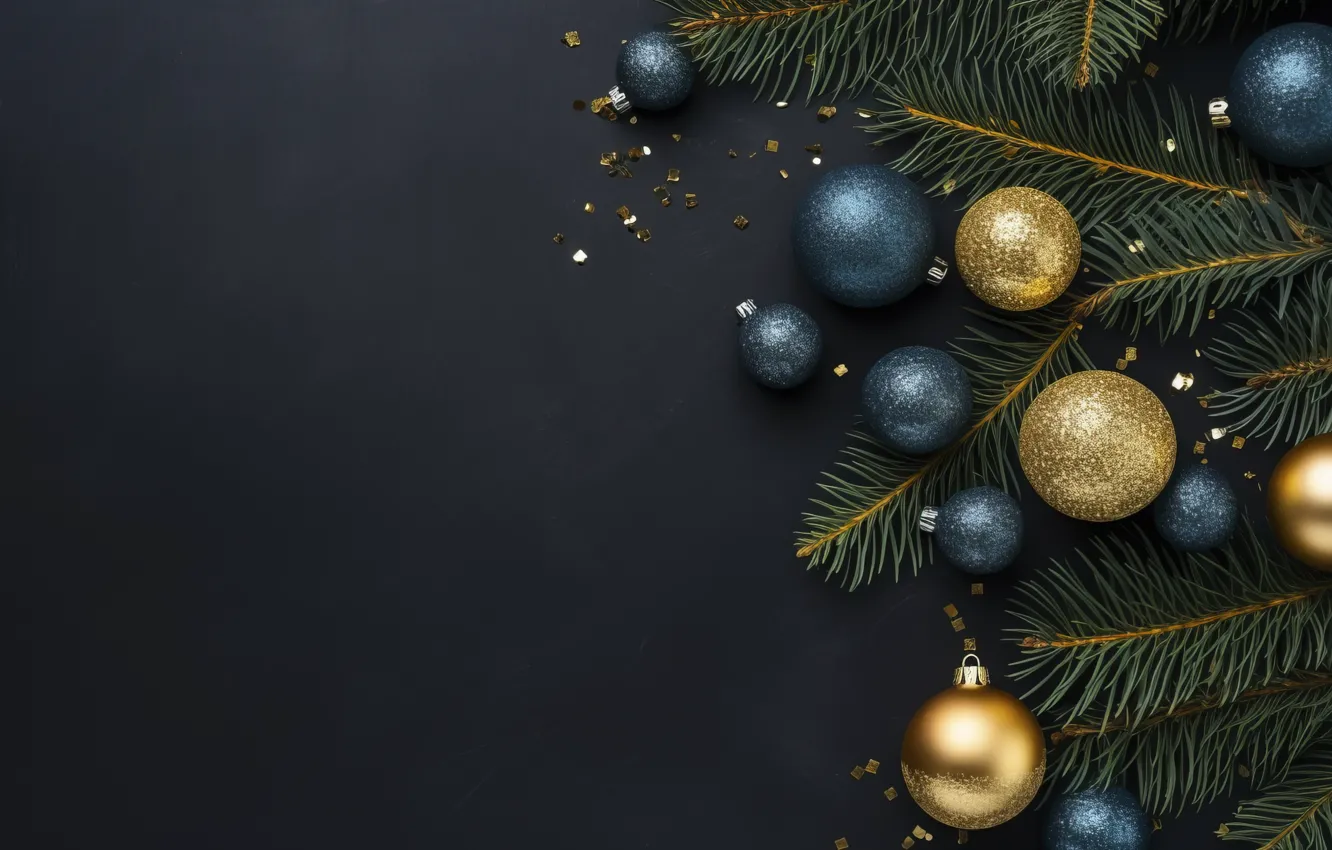 Фото обои украшения, темный фон, шары, Новый Год, Рождество, golden, new year, happy