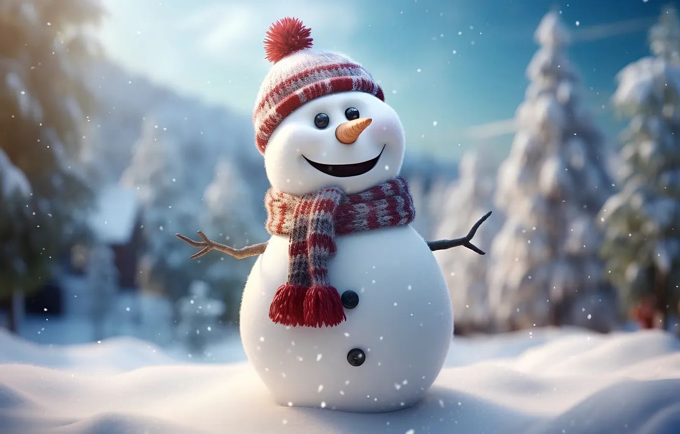 Фото обои зима, снег, Рождество, Новый год, снеговик, Christmas, winter, snow
