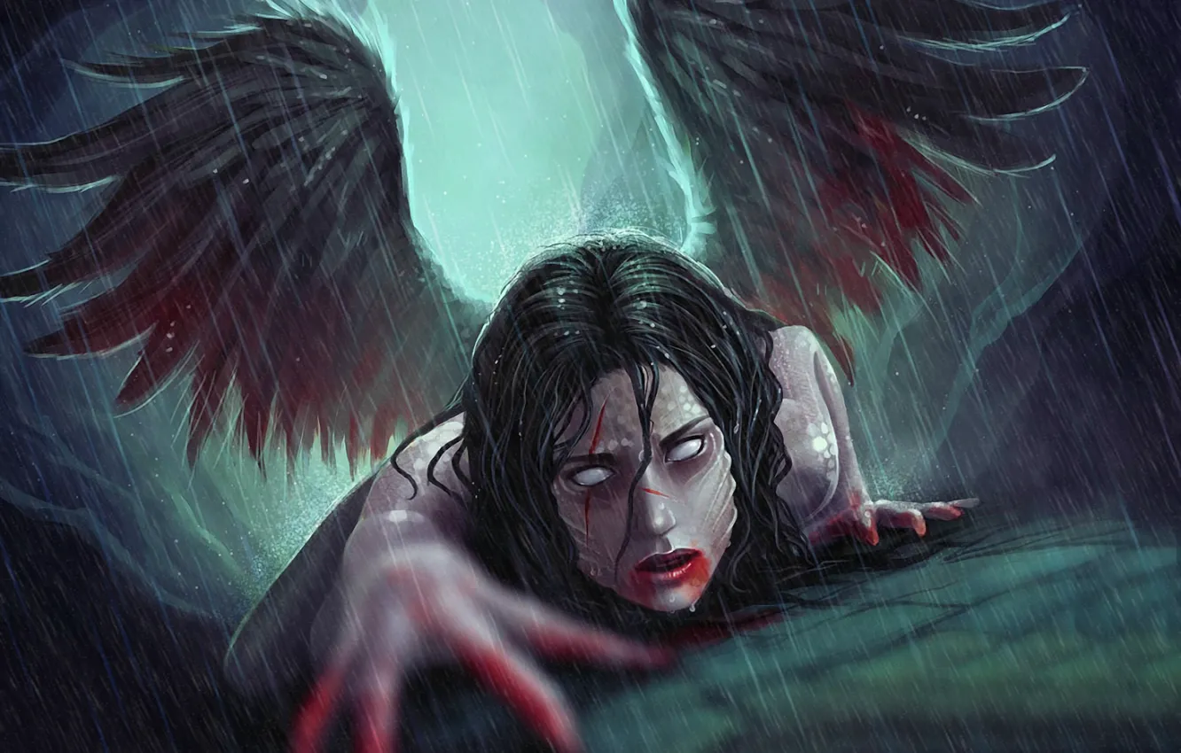 Фото обои дождь, кровь, волосы, крылья, ангел, руки, порезы, ногти