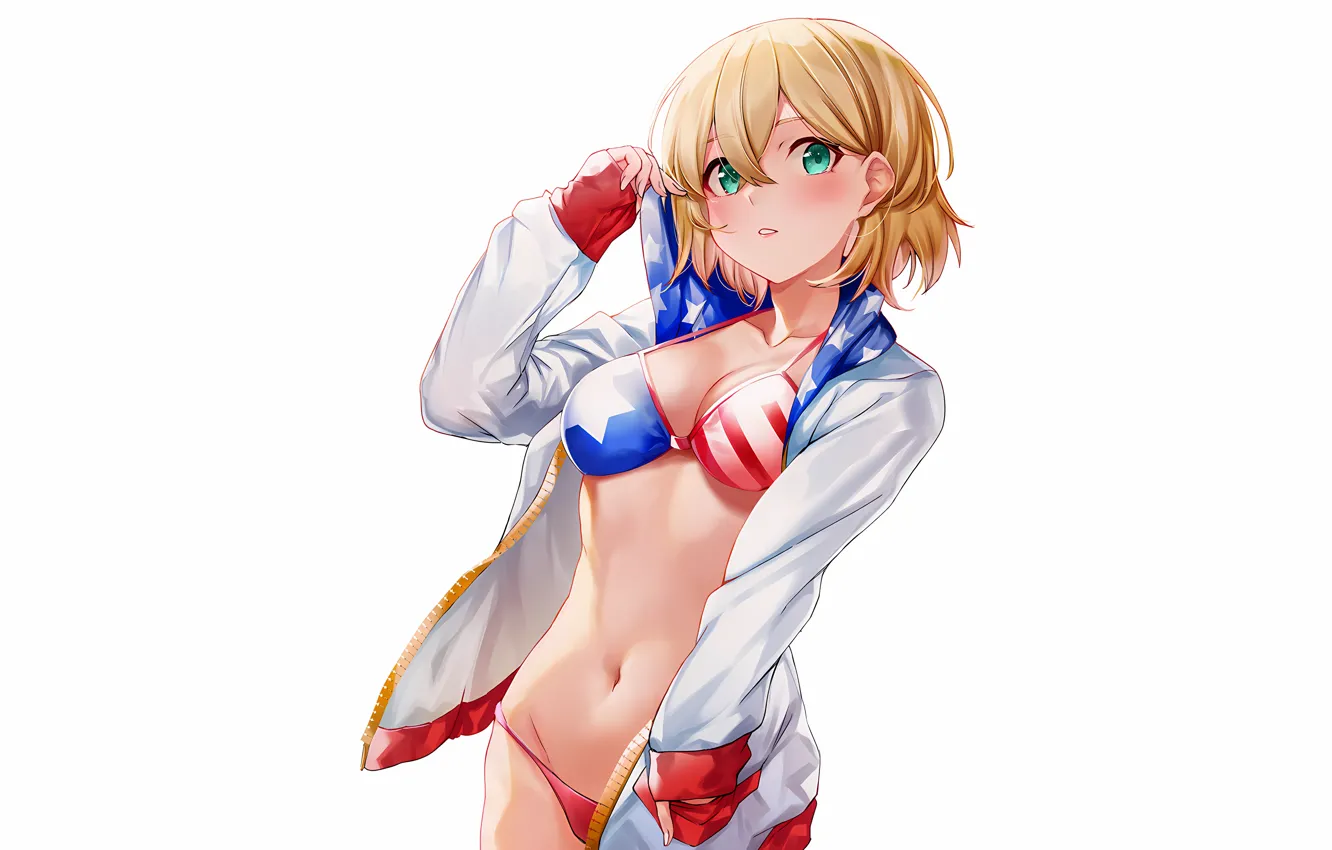 Фото обои girl, sexy, cleavage, green eyes, boobs, anime, beautiful, short hair