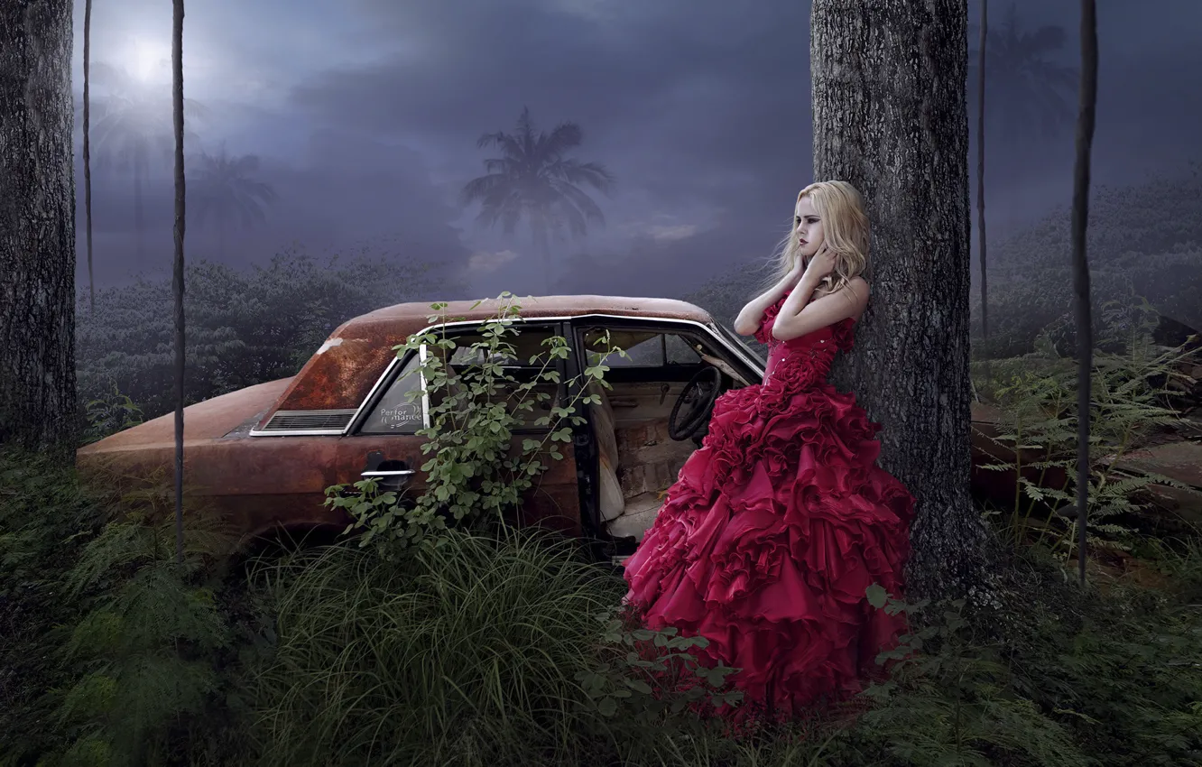 Фото обои девушка, деревья, пальмы, фантазия, платье, арт, автомобиль