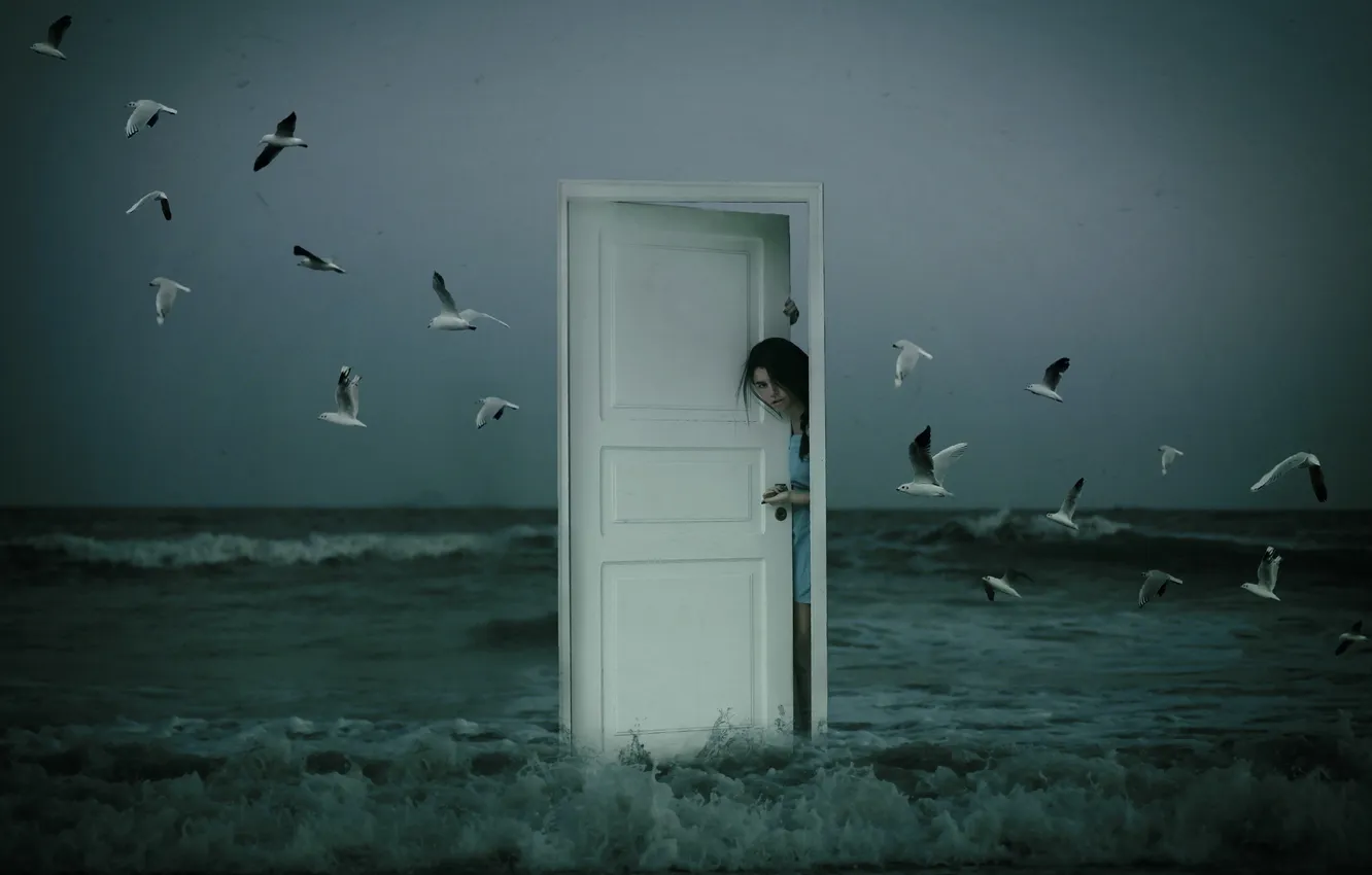 Фото обои море, девушка, птицы, ситуация, дверь