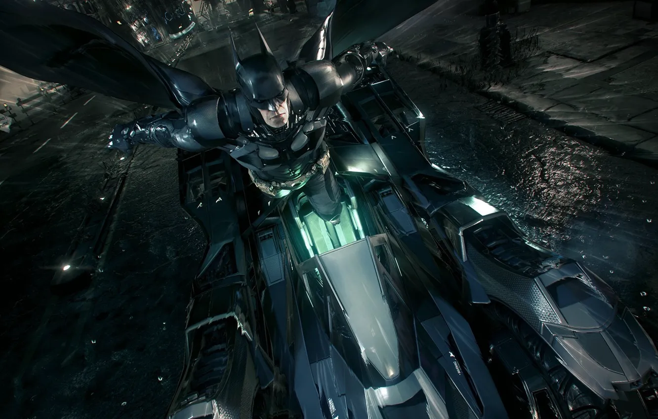 Фото обои ночь, бэтмен, бетмобиль, Batman:Arkham Knight, плашь