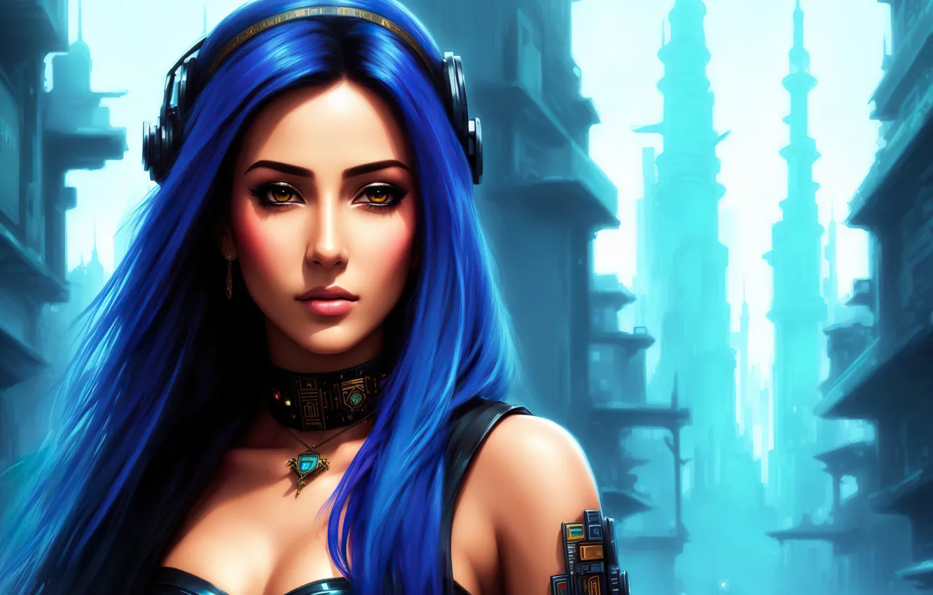Фото обои girl, fantasy, blue, art, cyberpunk, digital art, fantasy art, fantasy girl