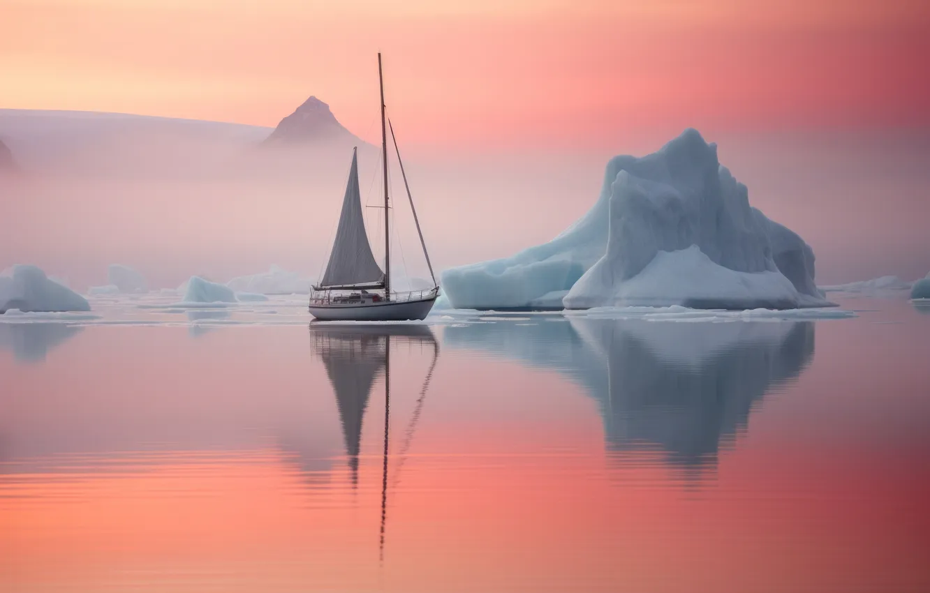 Фото обои море, туман, отражение, рассвет, утро, яхта, айсберг, льды
