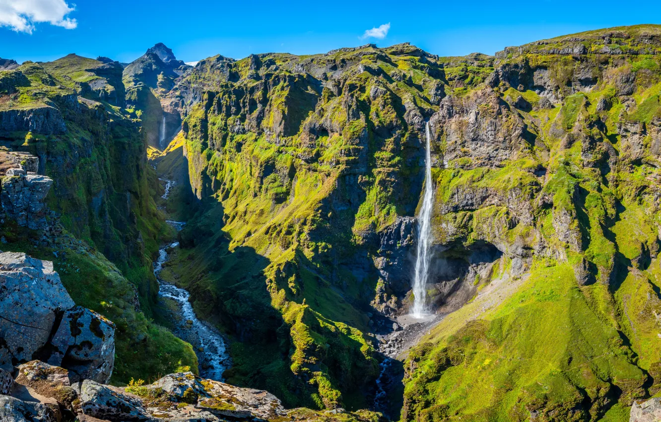 Фото обои горы, панорама, водопады, Исландия, Canyon, Múlagljúfur