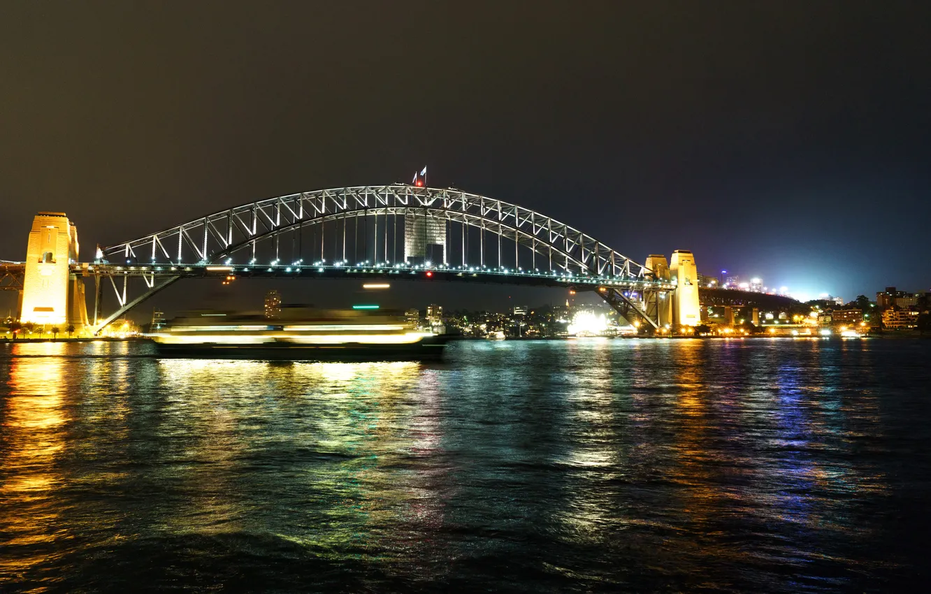 Фото обои ночь, мост, огни, река, выдержка, Австралия, фонари, Сидней