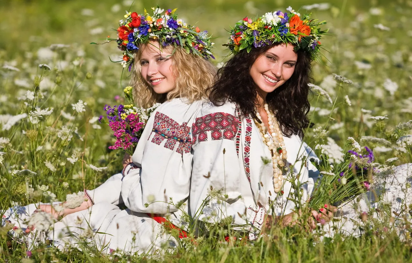 Фото обои поле, лето, девушка, цветы