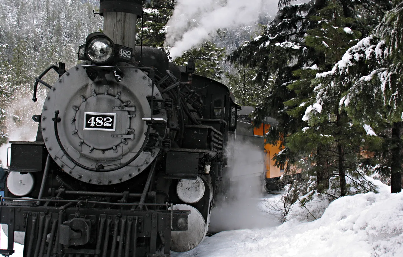 Фото обои зима, лес, снег, деревья, горы, движение, паровоз, вагоны