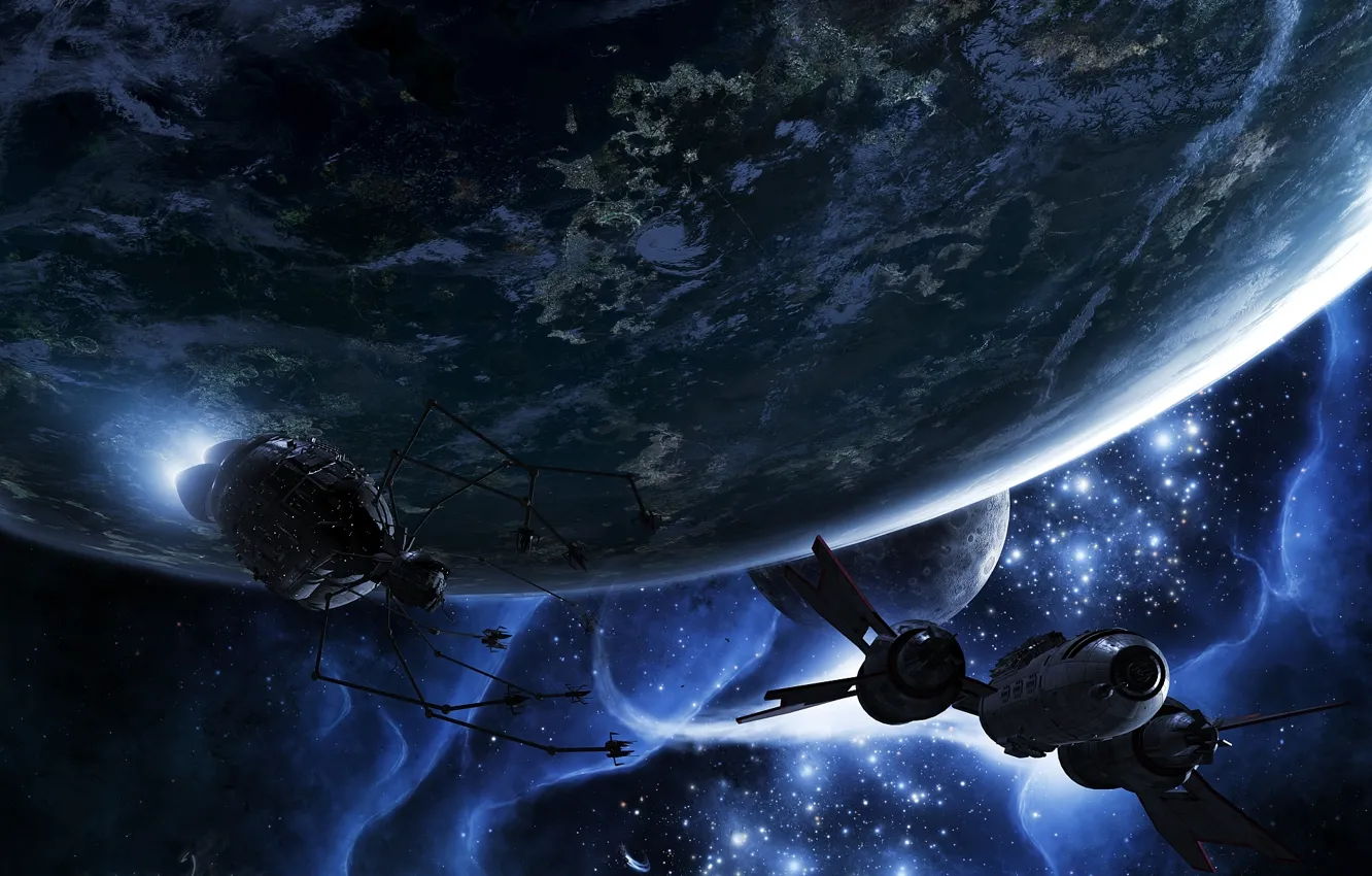 Фото обои космос, планеты, корабль, спутник, escape velocity