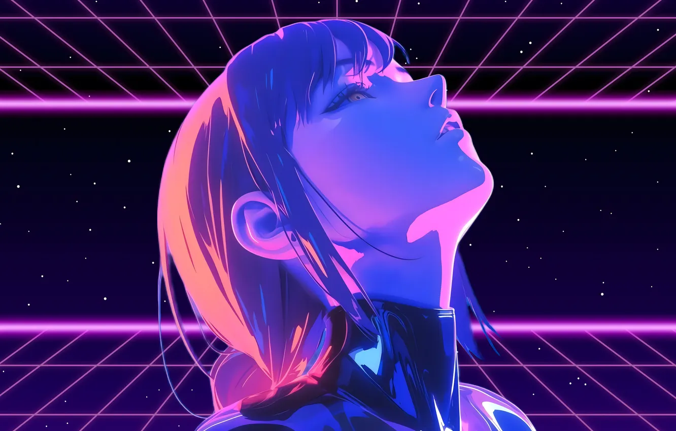 Фото обои space, long hair, anime, cyberpunk, anime girls, purple hair, purple background, retrowave