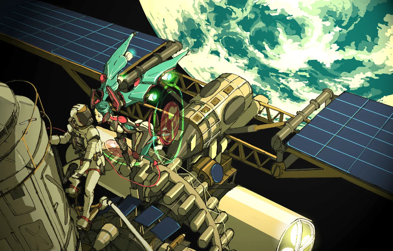 Фото обои космос, крылья, космонавт, Земля, Hatsune Miku, Vocaloid, вокалоид, космический корабль