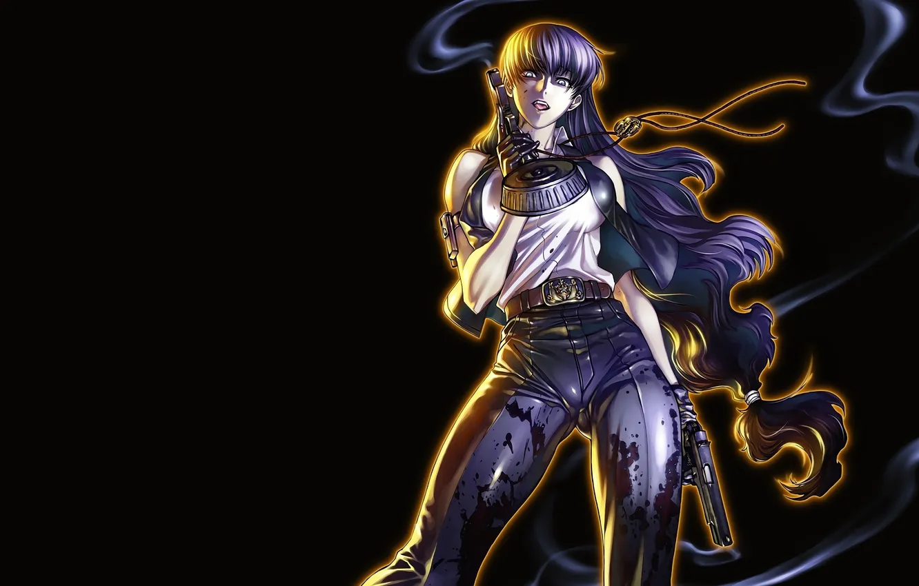 Фото обои Black Lagoon, gun, women, girls with guns, anime girls, purple hair, Roberta, frontal view