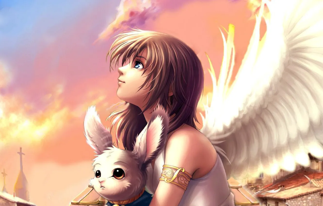 Фото обои девушка, крылья, зверушка, аниме