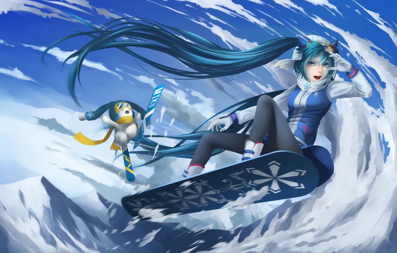 Фото обои зима, девушка, снег, радость, горы, сноуборд, аниме, арт