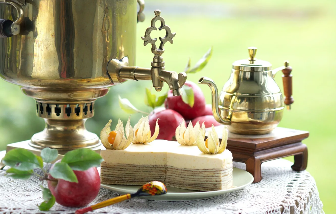 Фото обои чай, яблоко, пирог, ложка, самовар