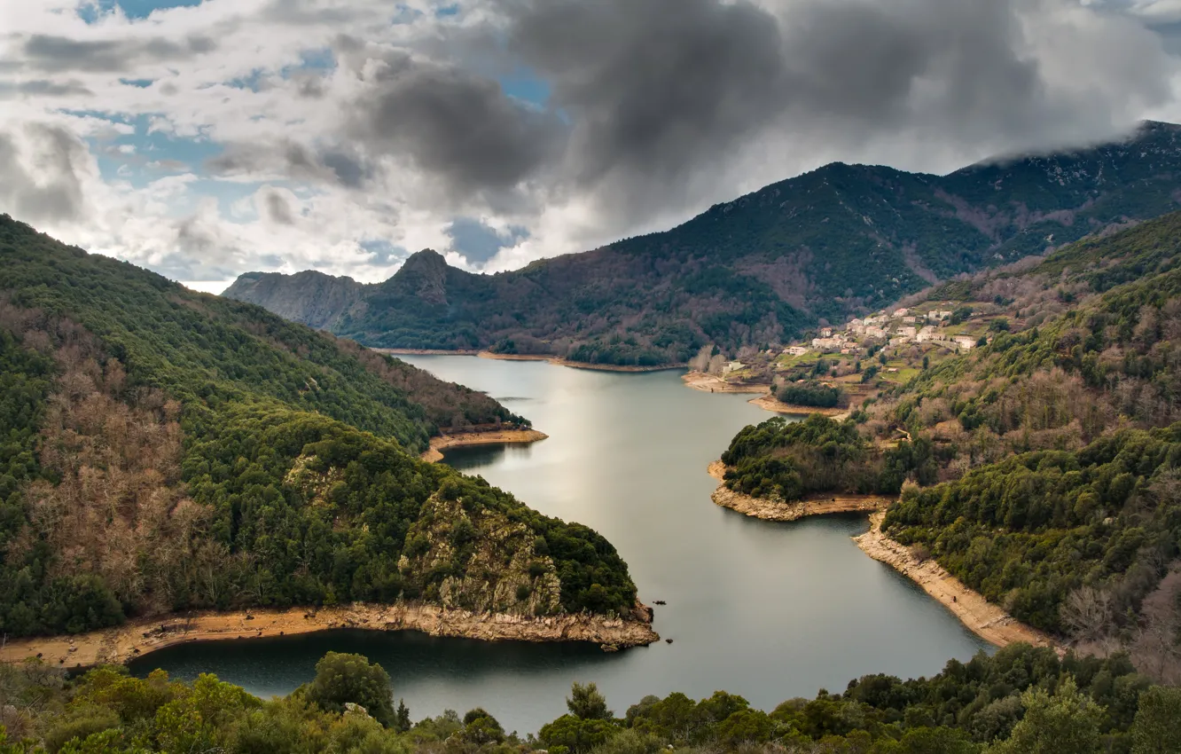 Фото обои лес, горы, река, Франция, панорама, Corsica