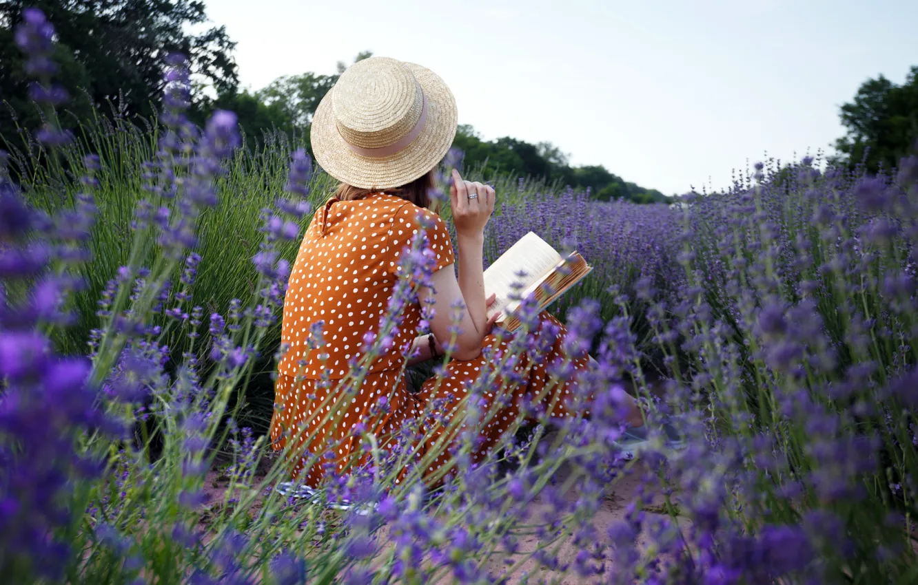 Фото обои Франция, Цветы, Девушка, Книга, Шляпа, Flowers, France, Lavender field