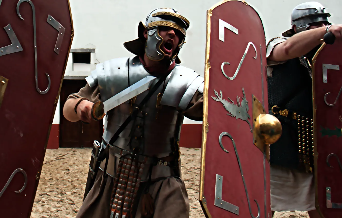 Фото обои фон, меч, доспехи, Рим, шлем, мужчина, щит, легионер