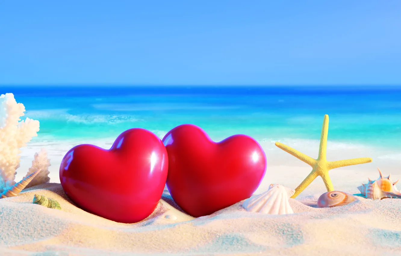 Фото обои песок, море, пляж, лето, отдых, сердечки, ракушки, summer