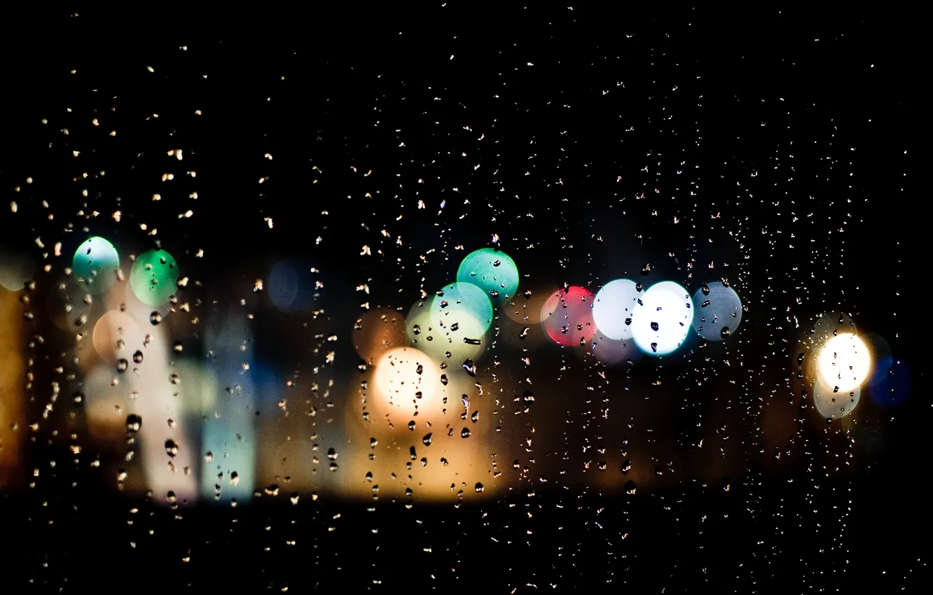 Фото обои стекло, капли, ночь, огни, дождь, bokeh