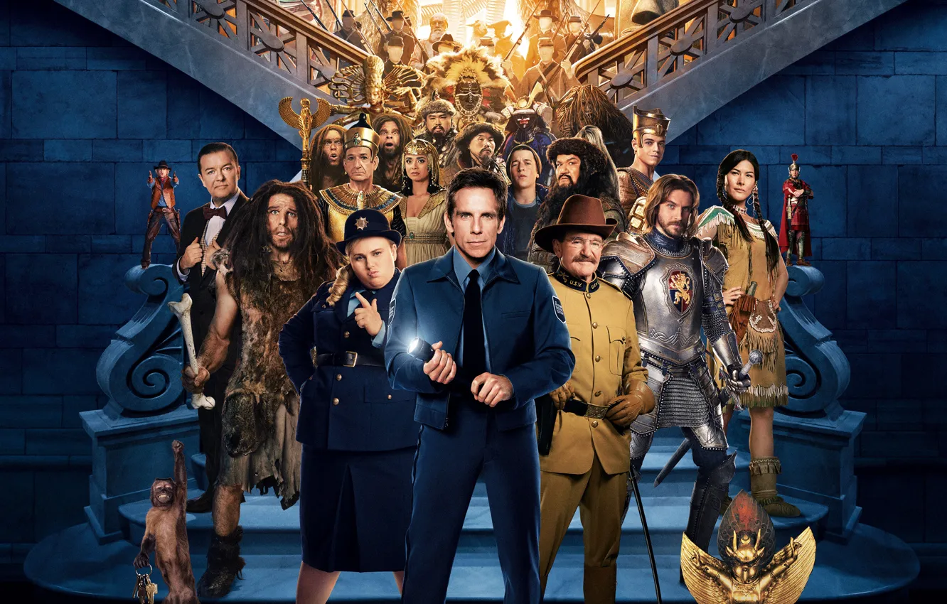 Фото обои фэнтези, лестница, фонарик, музей, Бен Стиллер, персонажи, Ben Stiller, Robin Williams