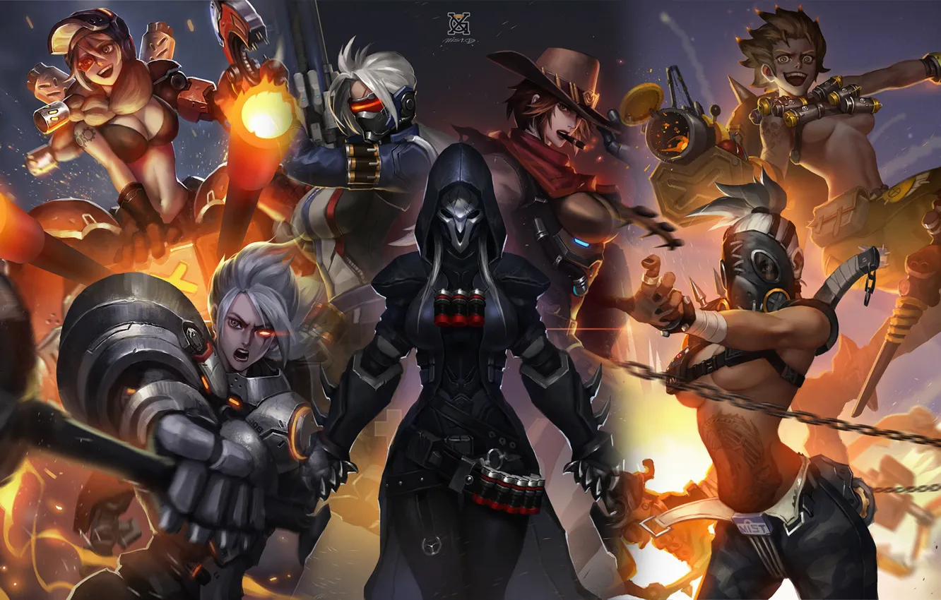 Фото обои Blizzard, art, Overwatch, female characters, genderbend