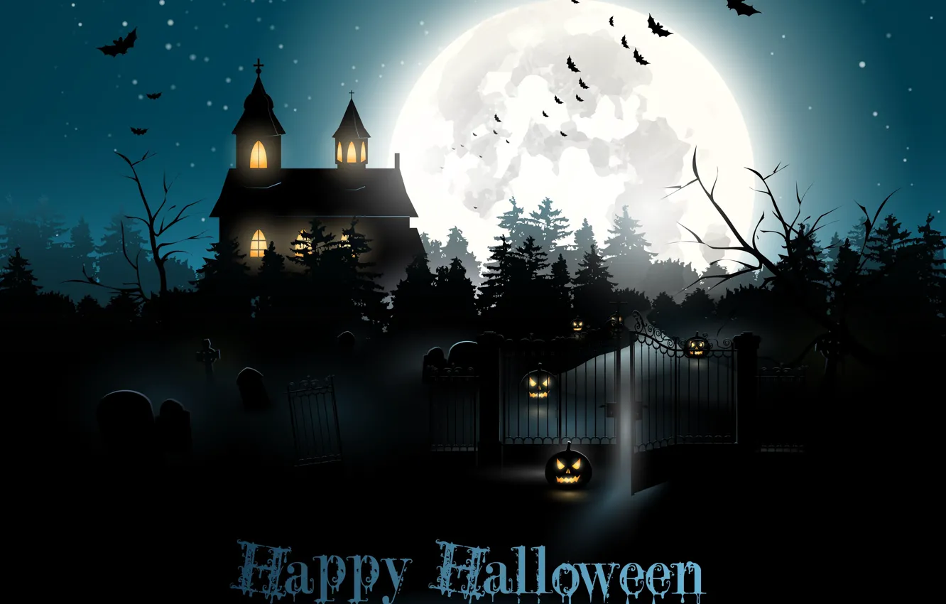 Фото обои свет, ночь, дом, праздник, луна, тыквы, летучие мыши, halloween