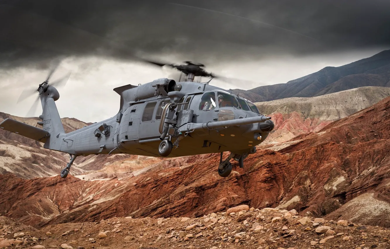 Фото обои машина, пейзаж, вертолёт, летит, SIKORSKY HH-60W