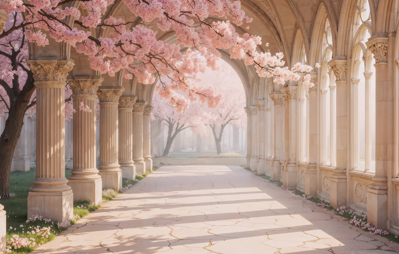 Фото обои весна, сакура, колонны, аллея, цветение, trees, pink, blossom