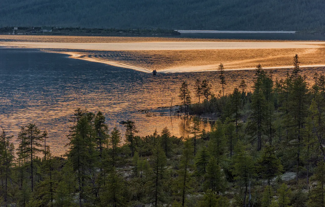 Фото обои деревья, пейзаж, природа, озеро, лодка, берега, Владимир Рябков, Колыма