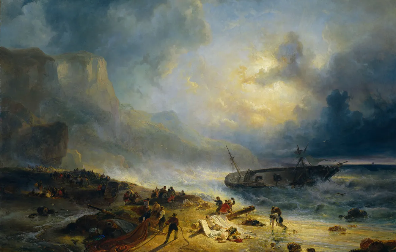 Фото обои масло, картина, холст, морской пейзаж, Wijnand Nuijen, Кораблекрушение у Скалистого Берега
