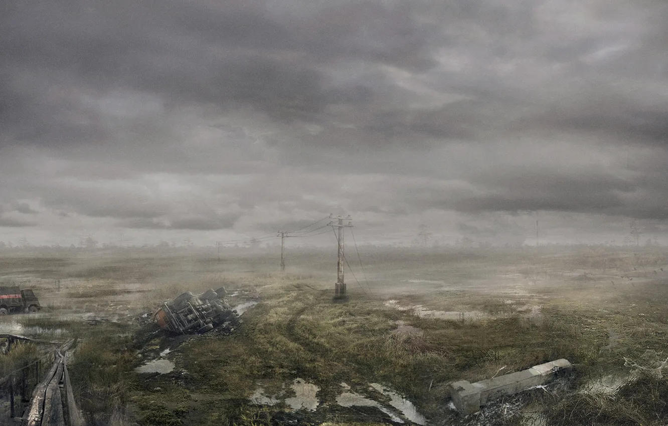 Фото обои тучи, туман, болото, чернобыль, зона
