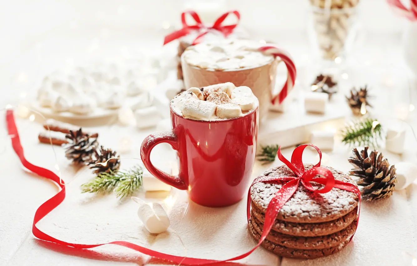 Фото обои праздник, печенье, лента, чашка, шишки, горячий шоколад, зефир