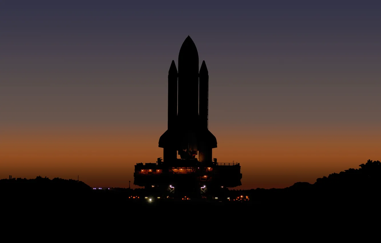 Фото обои lights, NASA, Shuttle, sunset, silhouette, launch platform