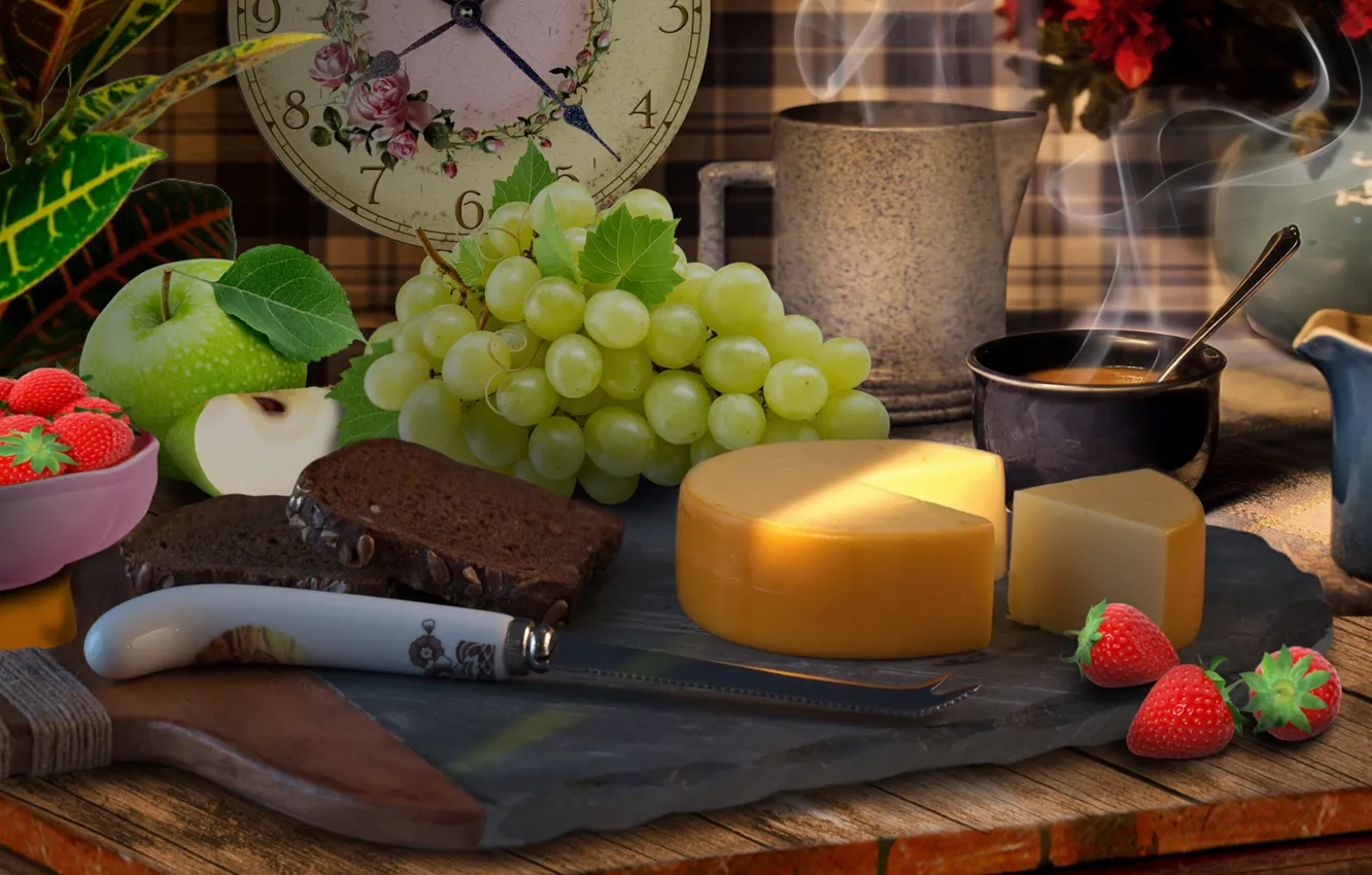 Фото обои ягоды, сыр, хлеб, виноград