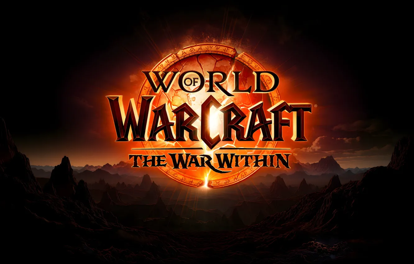 Фото обои облака, пейзаж, горы, игра, Солнце, Лого, Постер, World of Warcraft