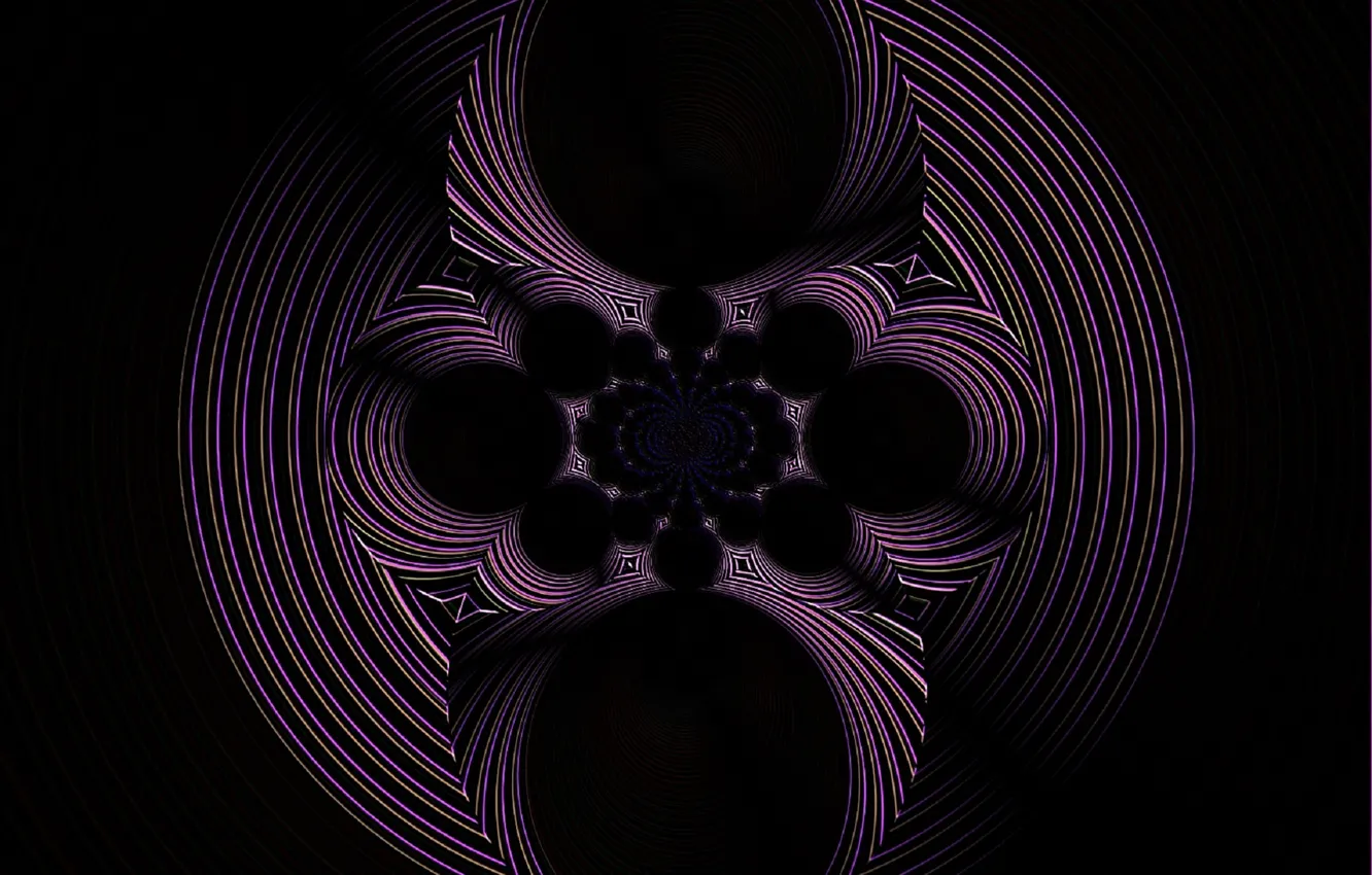 Фото обои круги, абстракция, фантазия, узор, вращение, сфера, чёрный фон, фиолетовая фантазия