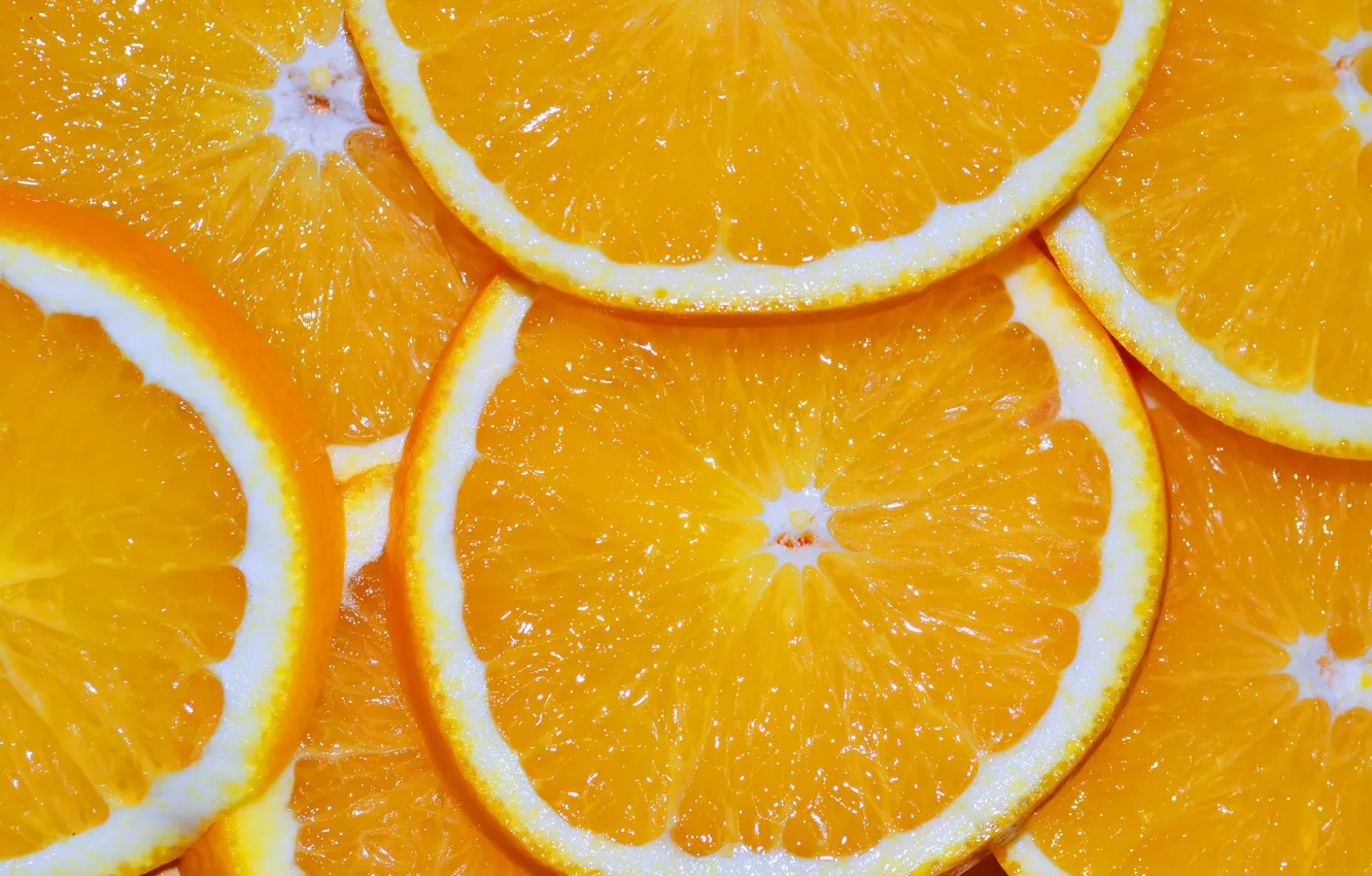 Фото обои макро, оранжевый, яркий, апельсин, сок, ломтики, дольки, сочный