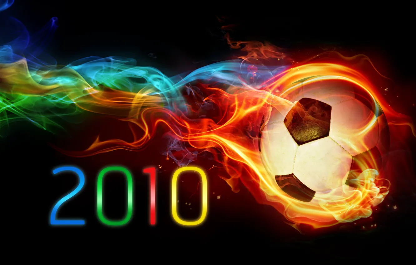 Фото обои огонь, футбол, краски, мяч, радуга, черный фон, чемпионат 2010